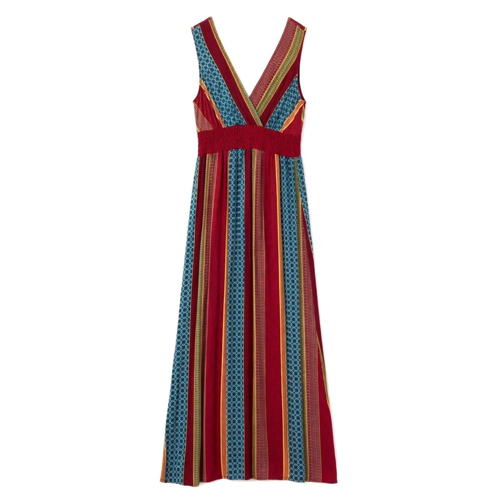 Boho Maxi Dress M/M Rayon V-Neck Empire Waist Striped Red Teal Gold Festival